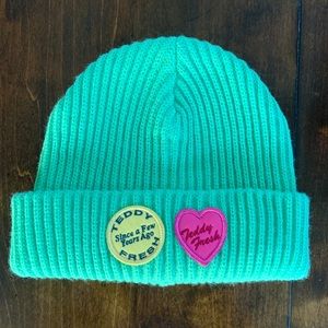 Teddy Fresh Lime Green Beanie With Two Patches On It